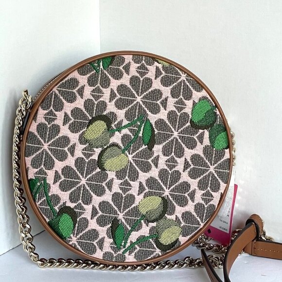 Kate Spade Canteen Jacquard Cherry Brown Crossbody Round Small Leather Floral - Picture 1 of 11